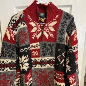 Vintage Ralph Lauren HANDKNIT Wool 1/4 Zip Sweater L Nordic Snowflake Fair Isle